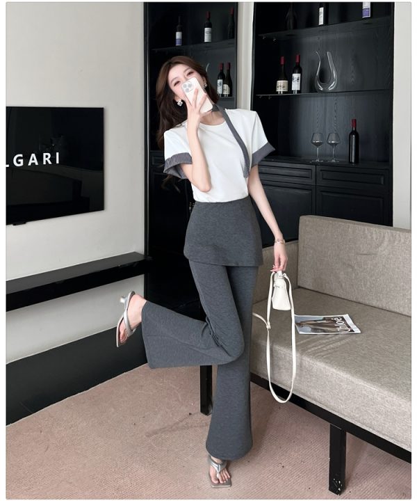 Stripe short sleeve flare pants splice tops 2pcs set