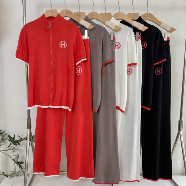 Zip short sleeve European style long pants 2pcs set for women