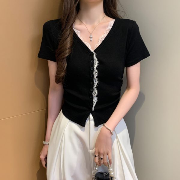 Short sleeve V-neck cardigan lace tops for women