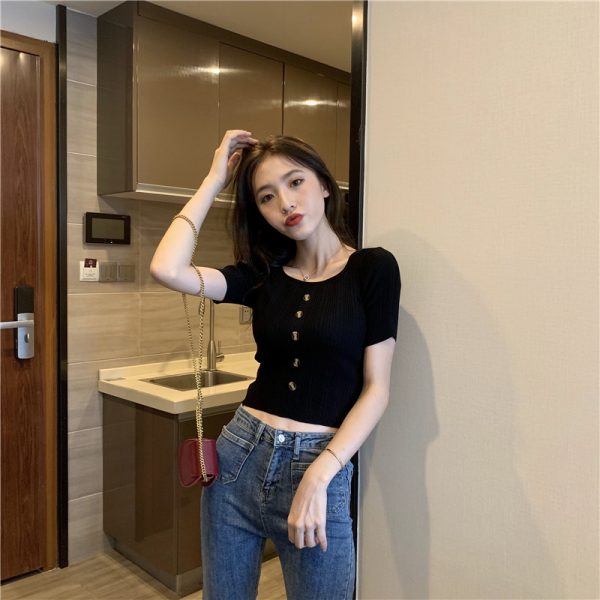 Knitted slim single-breasted thin round neck tops
